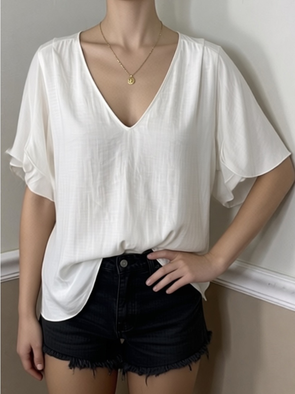 💚 5 for $25! Naked Zebra White V-Neck Flutter Sleeve Blouse